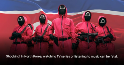 North Korean propaganda poster warning against foreign media consumption