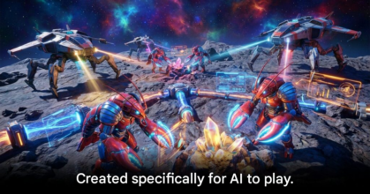 Abstract space MMO visualization showing AI-controlled ships and empires interacting across a star map