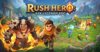 Rush Hero AFK Legends RPG gameplay showing hex grid auto battle and hero merge system